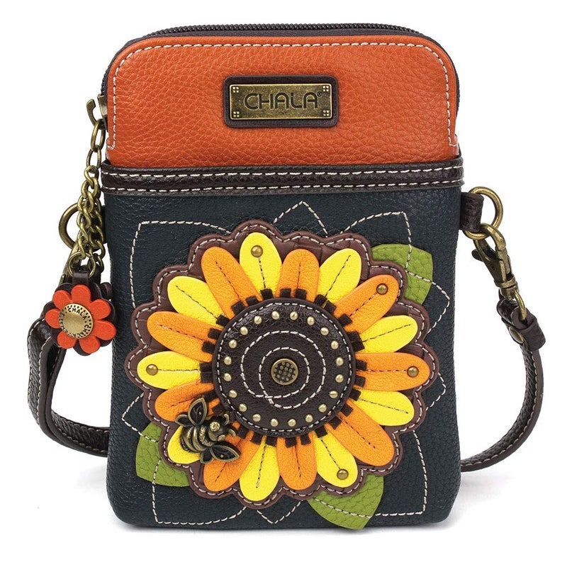 CHALA Plant Life Collection Cell Phone Crossbody Purse-Women PU Leather/Canvas Multicolor Handbag with Adjustable Strap - Sunflower - navy - Image 1